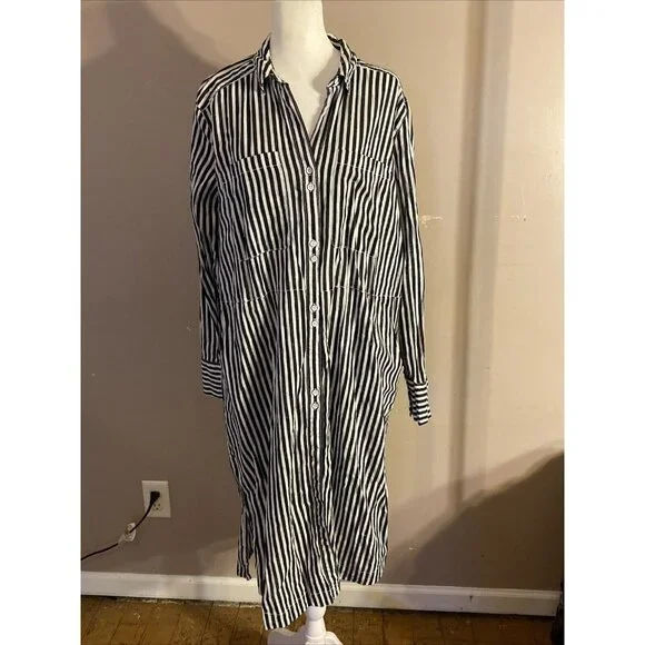 Free People Maxi Shirt Dress Black White Striped Long Sleeve Button Up  Pockets S